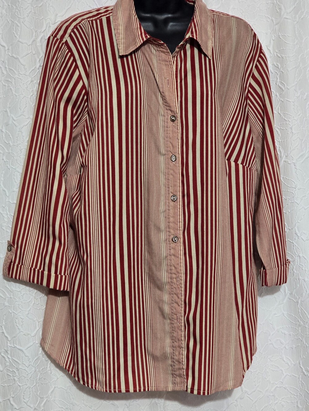 Kim Rogers Woman Plus Blouse Top Burgundy and Beige Roll Tab Sleeve Size 2x